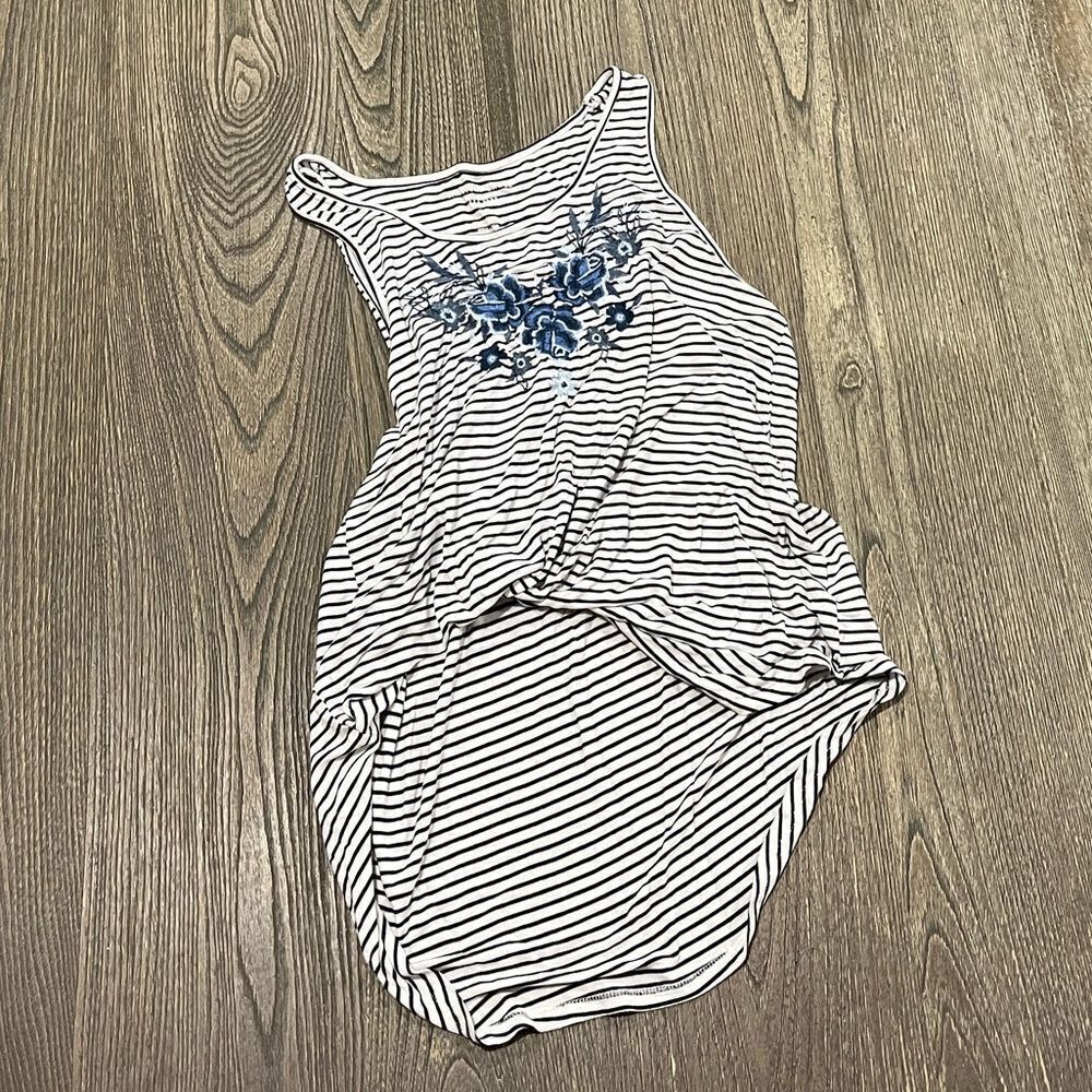 American Eagle Womens Striped Tank Top Floral Embroidered White Black Size Small
